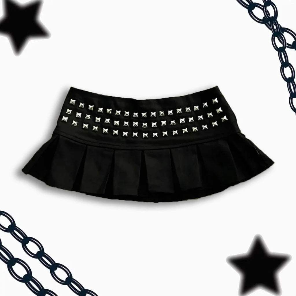 Black Studded Pleated Mini Skirt