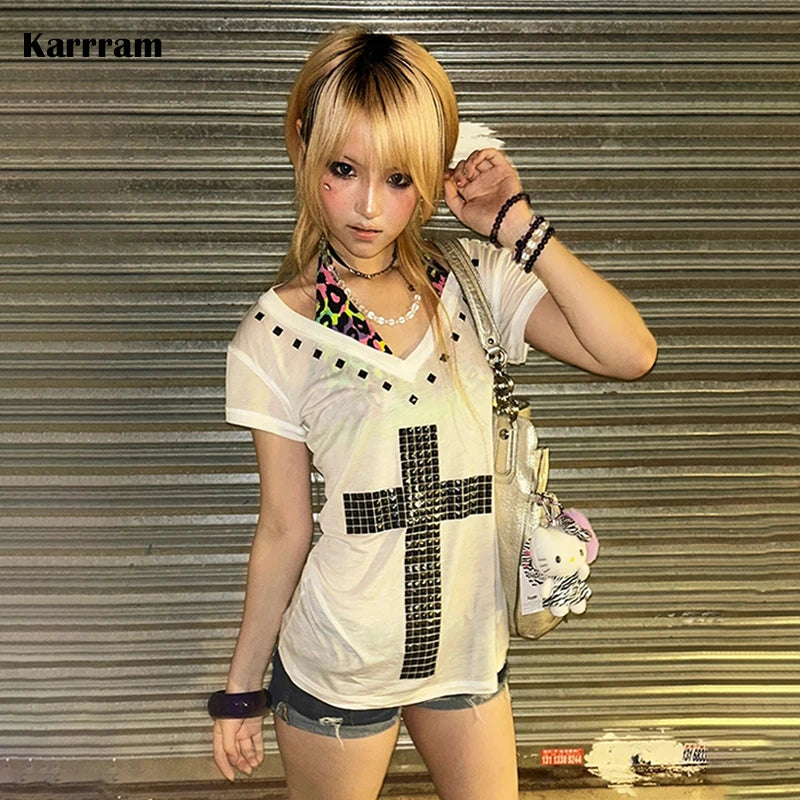 Women's Sheer V-Neck Cross Print T-Shirt