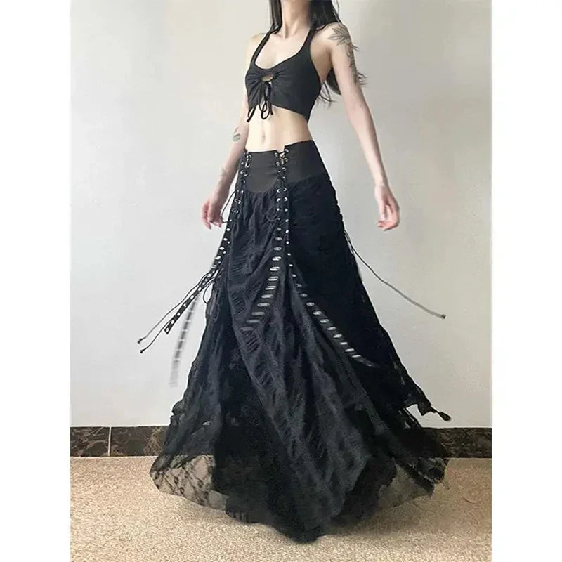 Black High-Rise Lace-Up Ruched Maxi Skirt