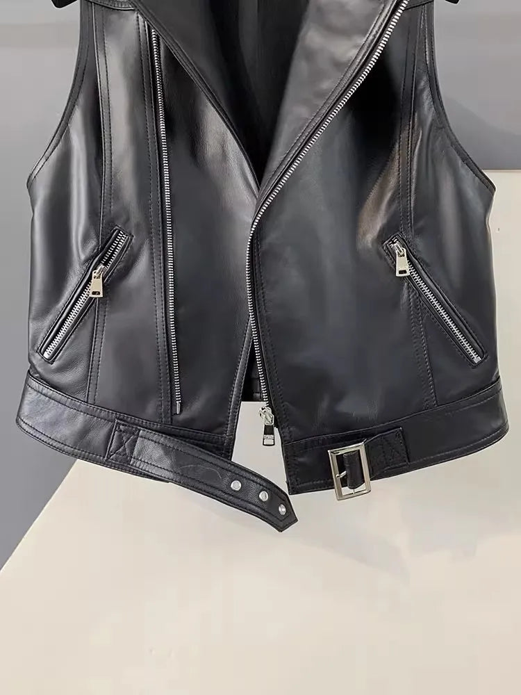 Women's Black Leather Biker Vest