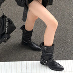 Women's Black Studded Buckle Mid-Calf Boots