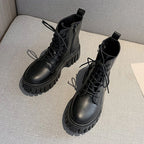 Women's PU Ankle Boots with Lugged Sole – Lace-Up