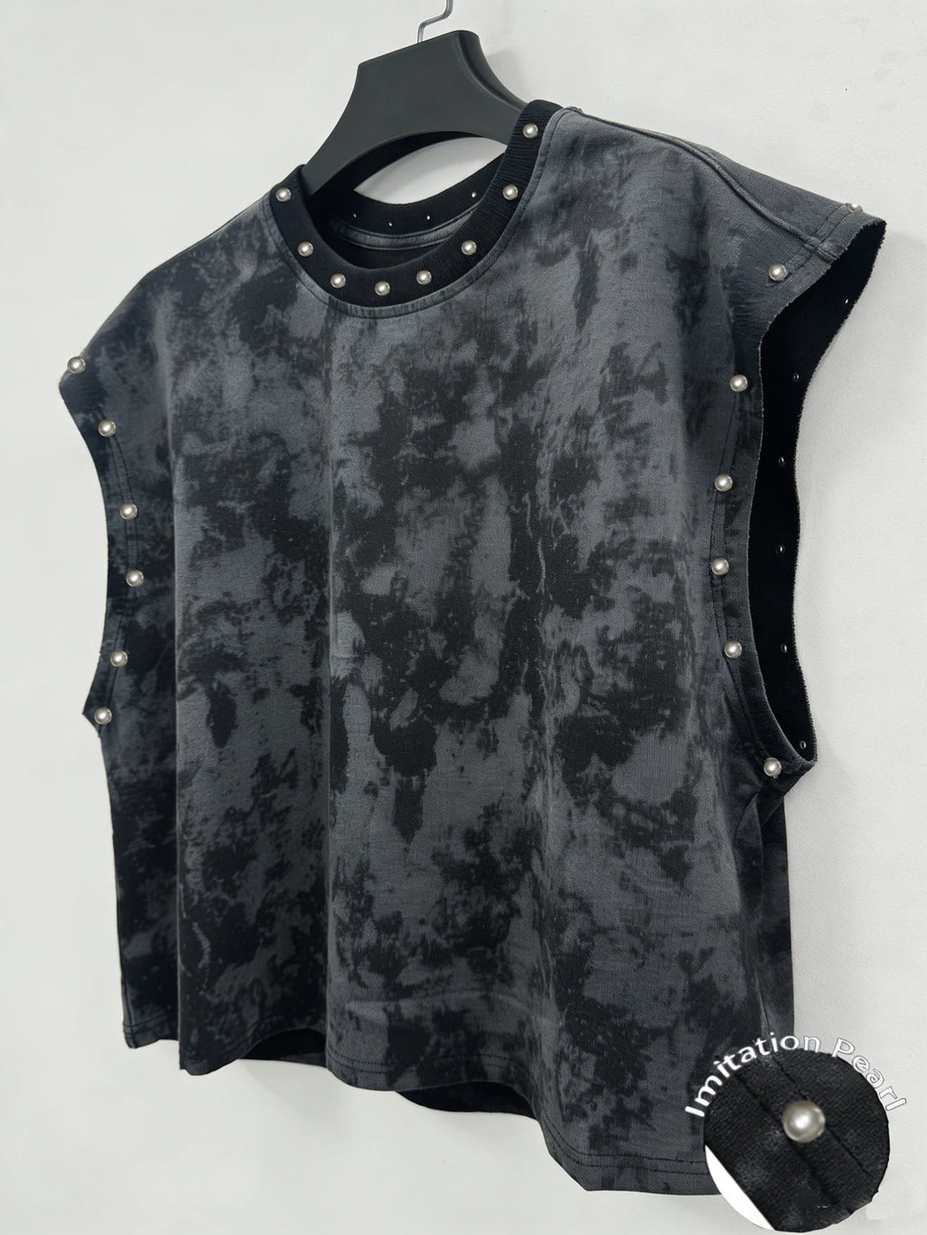 Unisex Black Distressed Pearl-Studded Cropped Sleeveless Top