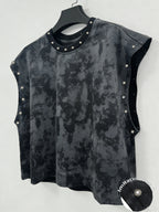 Unisex Black Distressed Pearl-Studded Cropped Sleeveless Top