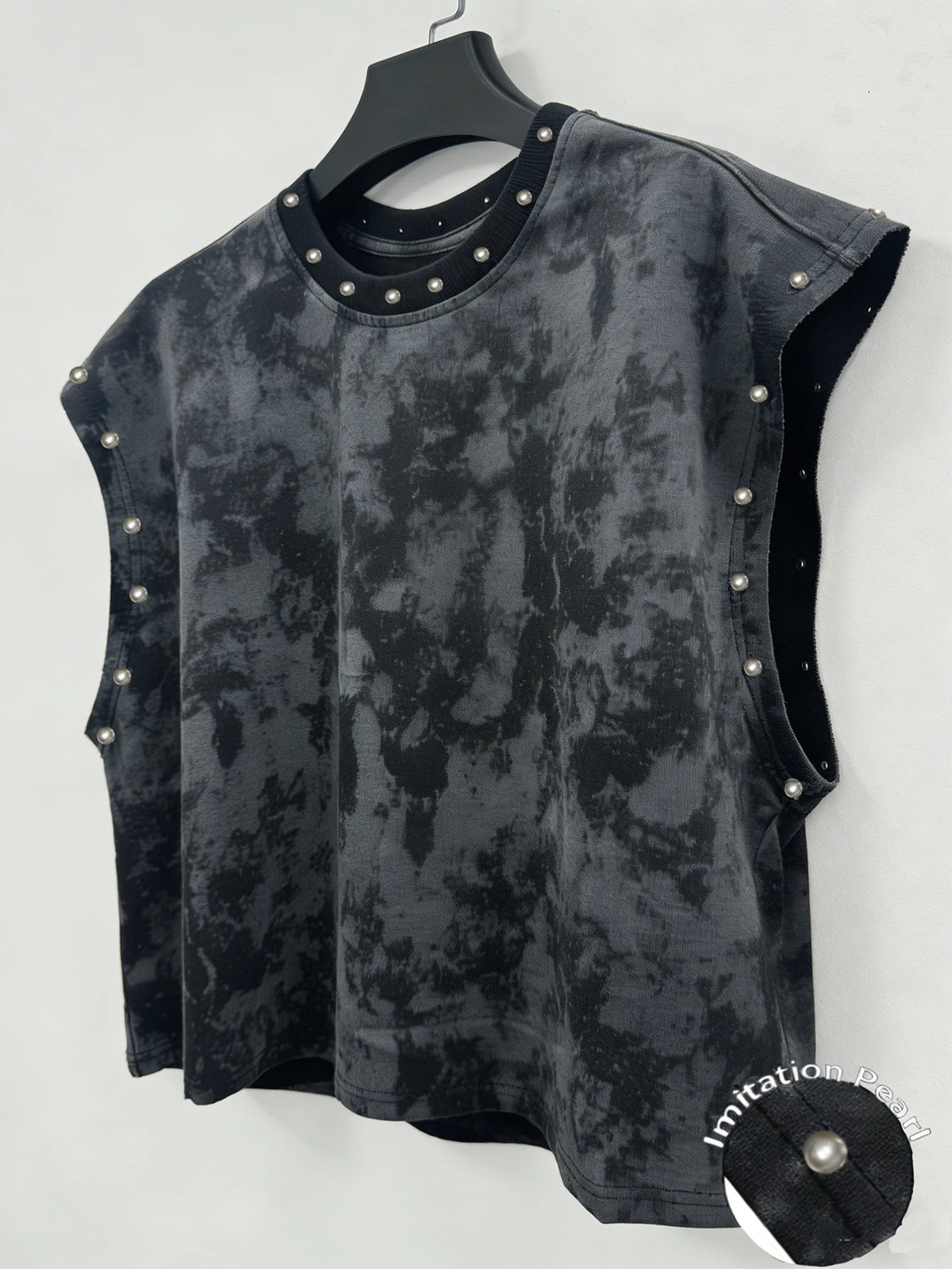 Unisex Black Distressed Pearl-Studded Cropped Sleeveless Top