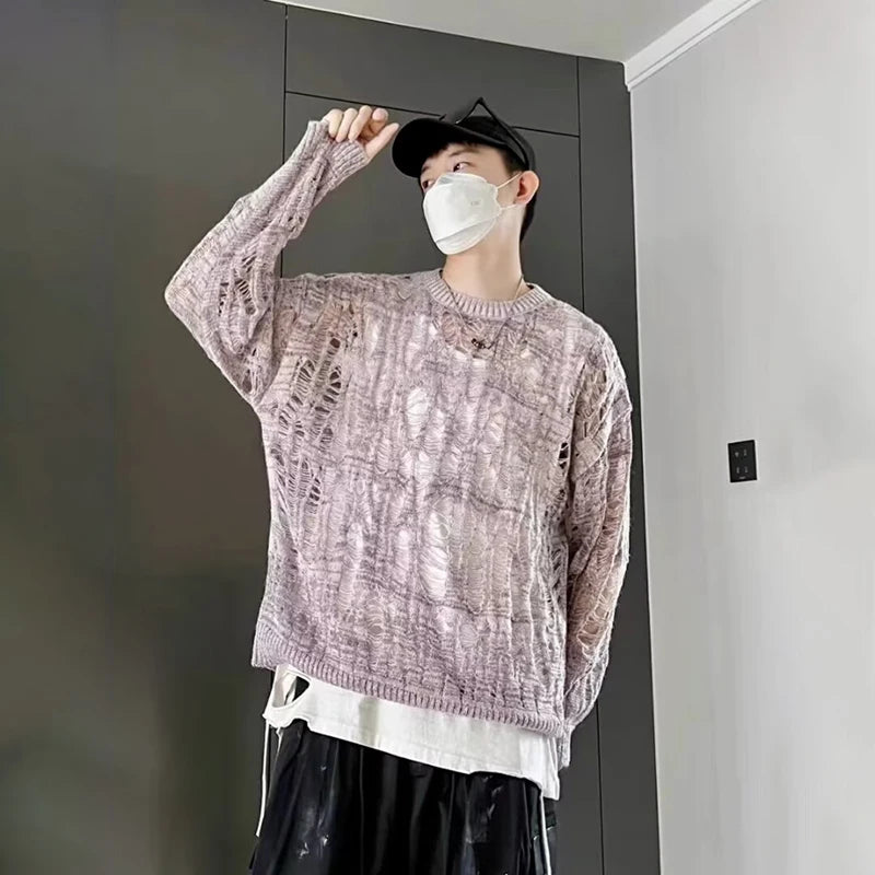 Men's Distressed Open-Knit Crewneck Sweater