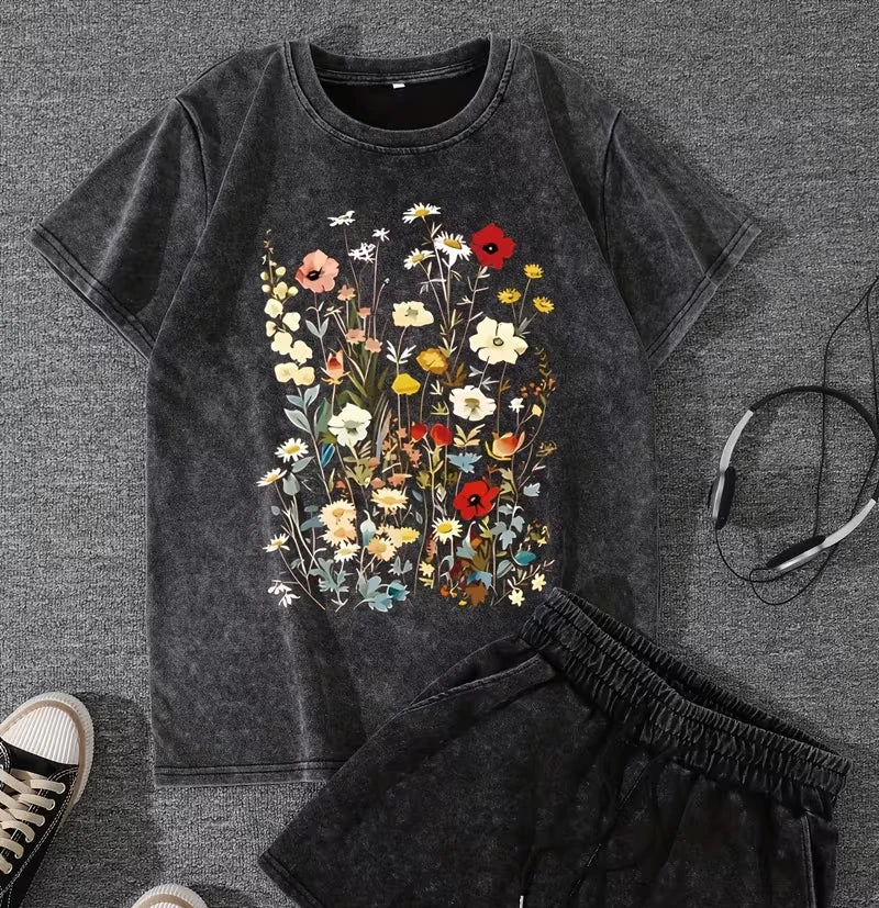 Washed Botanical Print T-Shirt – Short Sleeve Crew Neck