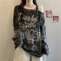 Distressed Off-Shoulder Graphic Long-Sleeve T-Shirt