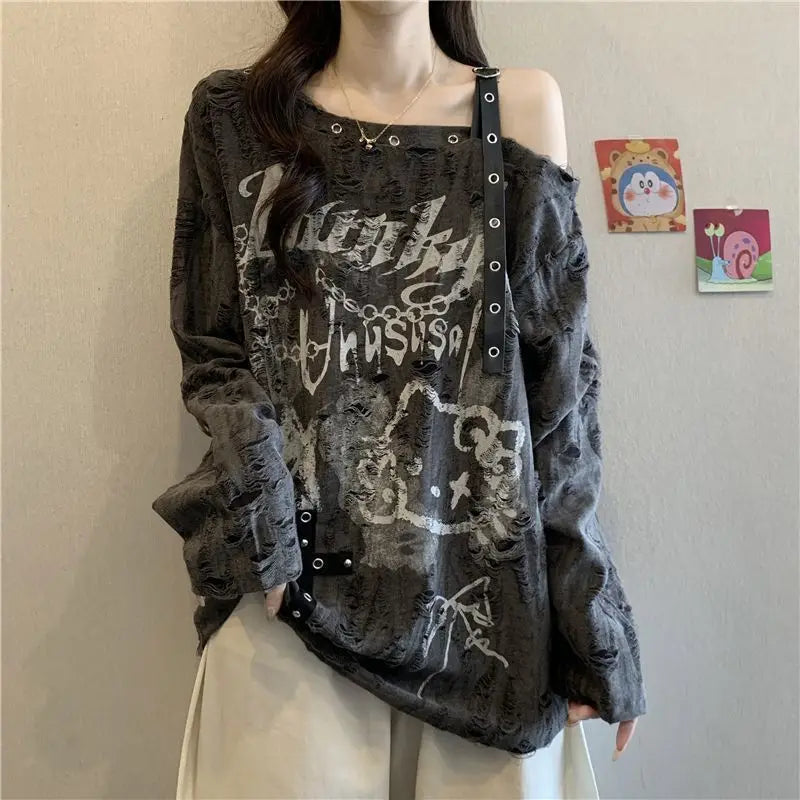 Distressed Off-Shoulder Graphic Long-Sleeve T-Shirt