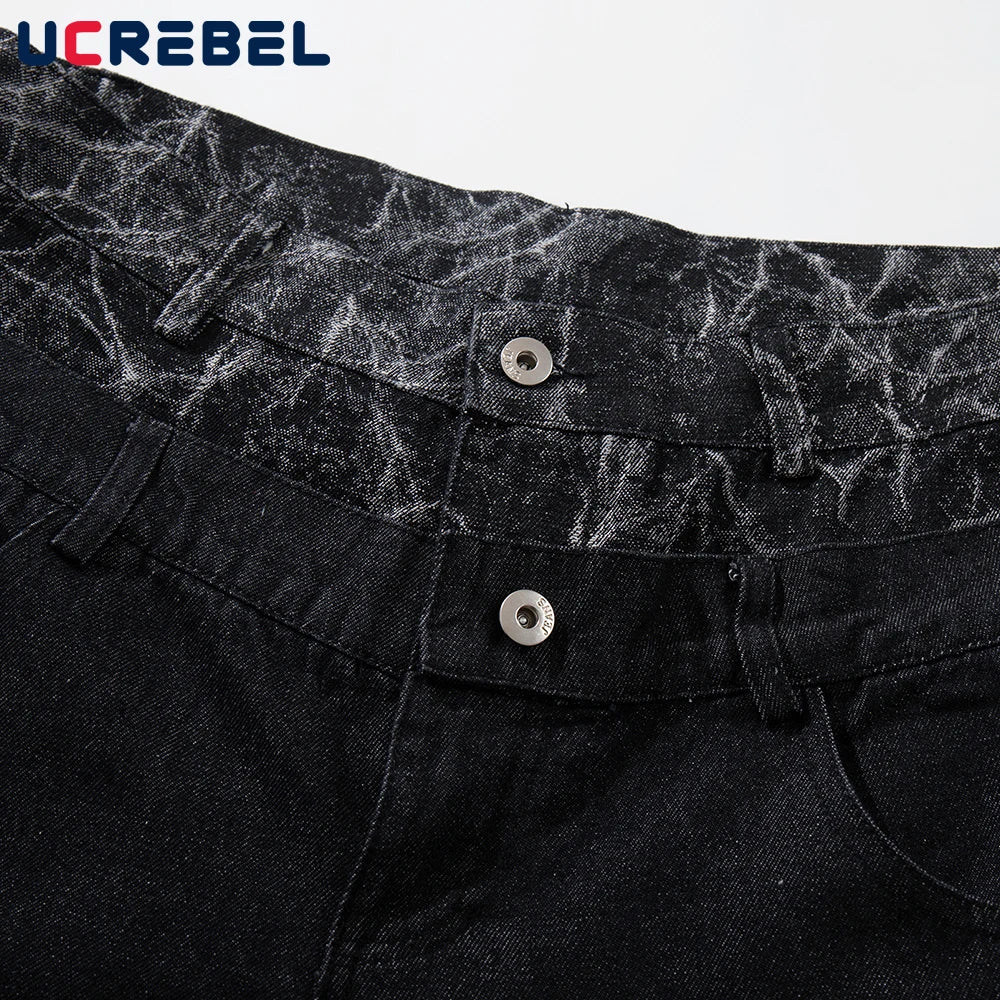 Men's Black Patchwork Wide-Leg Jeans