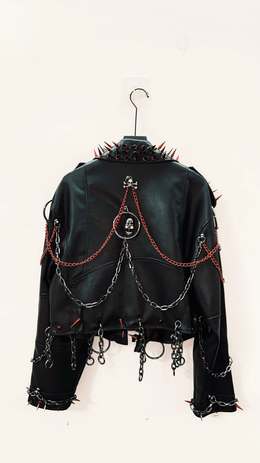 Women's Black Faux Leather Punk Jacket with Spikes and Chains