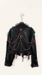 Women's Black Faux Leather Punk Jacket with Spikes and Chains
