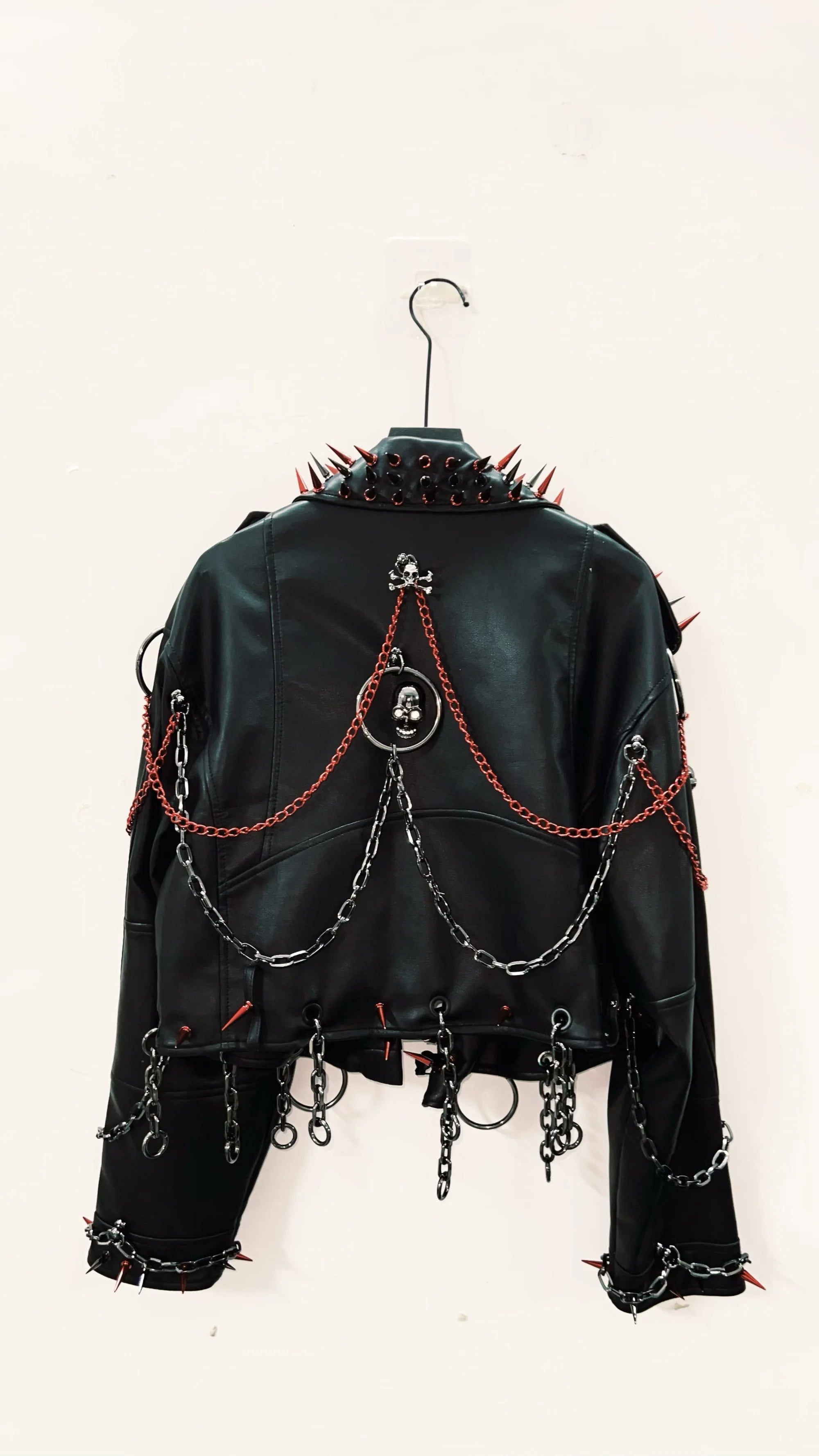 Women's Black Faux Leather Punk Jacket with Spikes and Chains