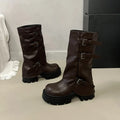 Women's Brown Platform Buckle Mid-Calf Boots