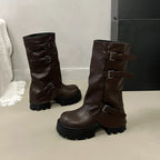 Women's Brown Platform Buckle Mid-Calf Boots