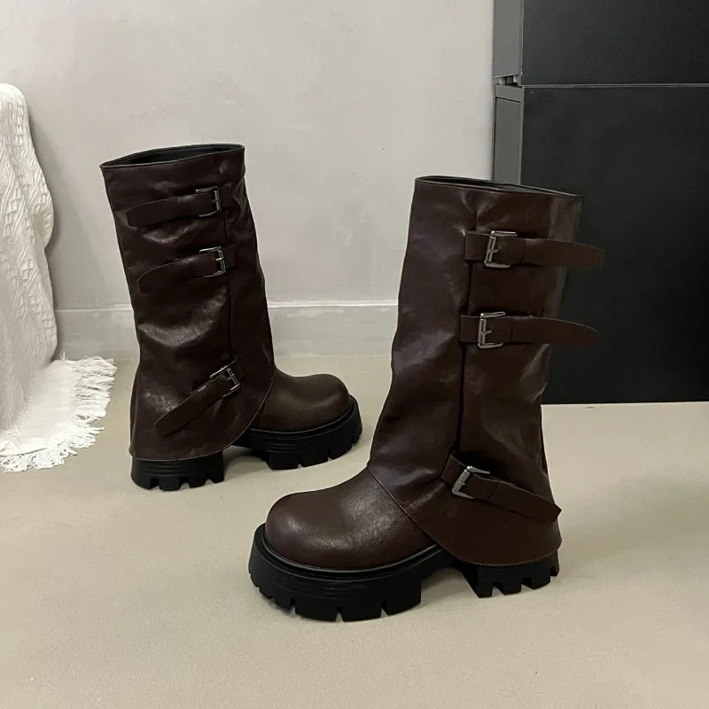 Women's Brown Platform Buckle Mid-Calf Boots
