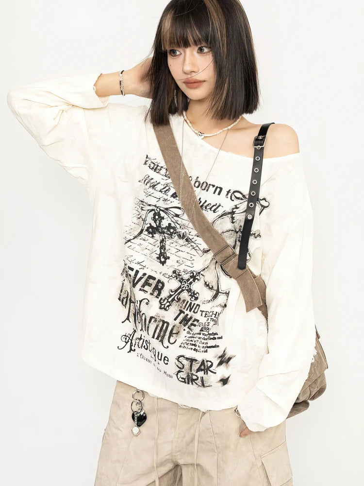 Women’s Distressed Graphic Off-Shoulder Long-Sleeve T-Shirt