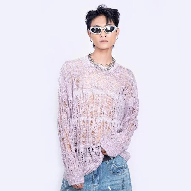 Men's Distressed Open-Knit Crewneck Sweater