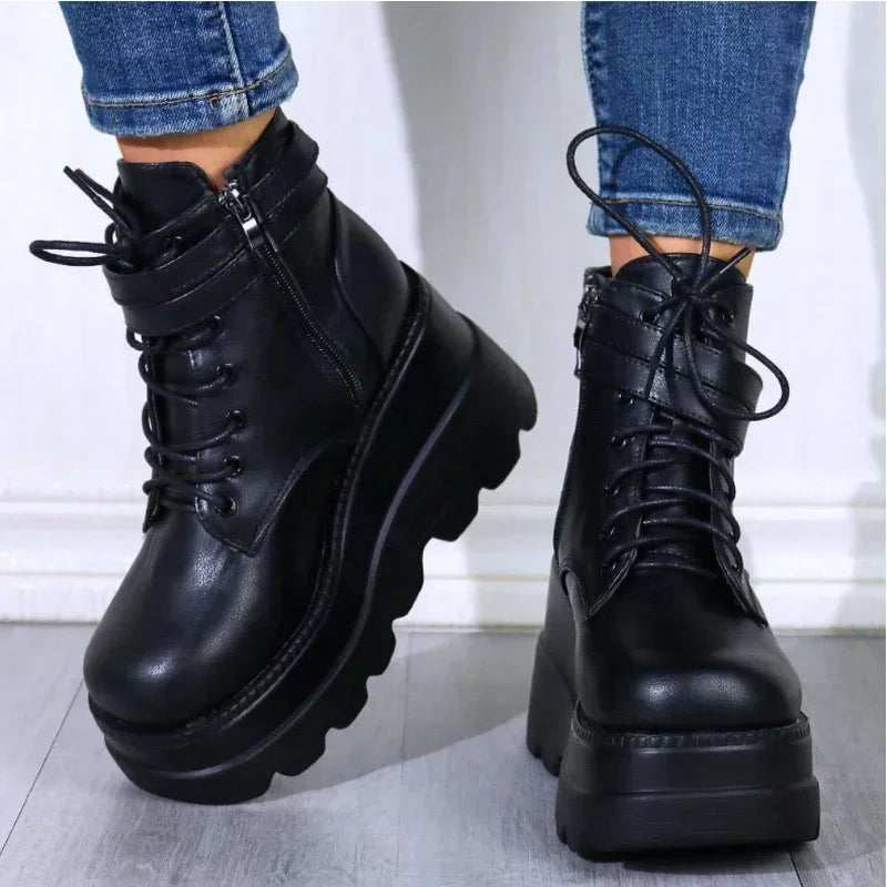 Black Women's Platform Ankle Boots with Lace-Up Front