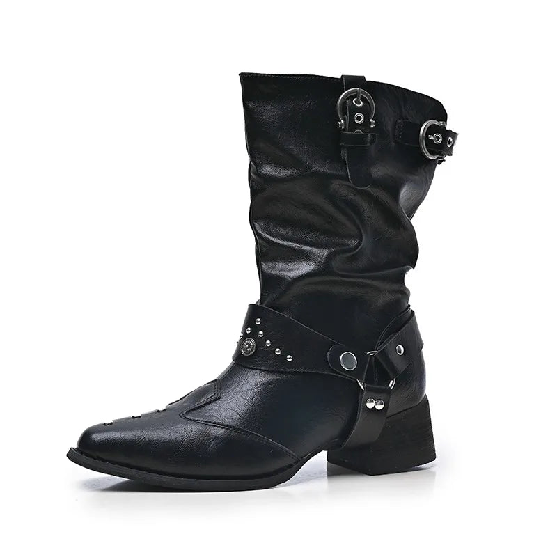 Women's Black Studded Buckle Mid-Calf Boots