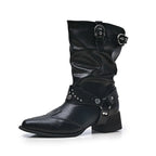 Women's Black Studded Buckle Mid-Calf Boots