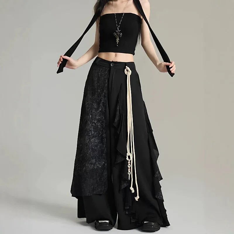 Black Patchwork Wide-Leg Pants with Layered Panels