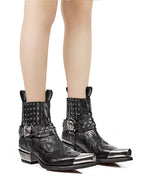 Black Studded Western Boots with Metallic Toe and Skull Buckle