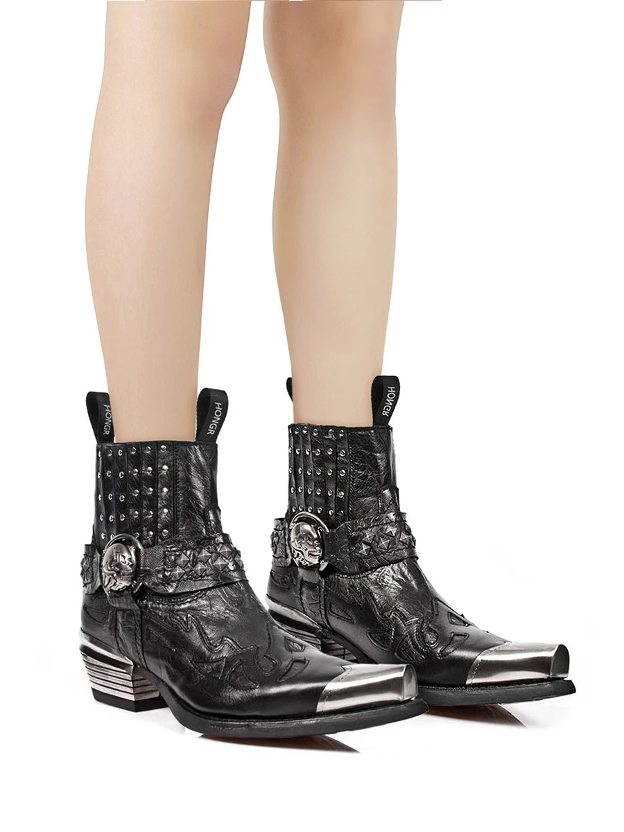 Black Studded Western Boots with Metallic Toe and Skull Buckle