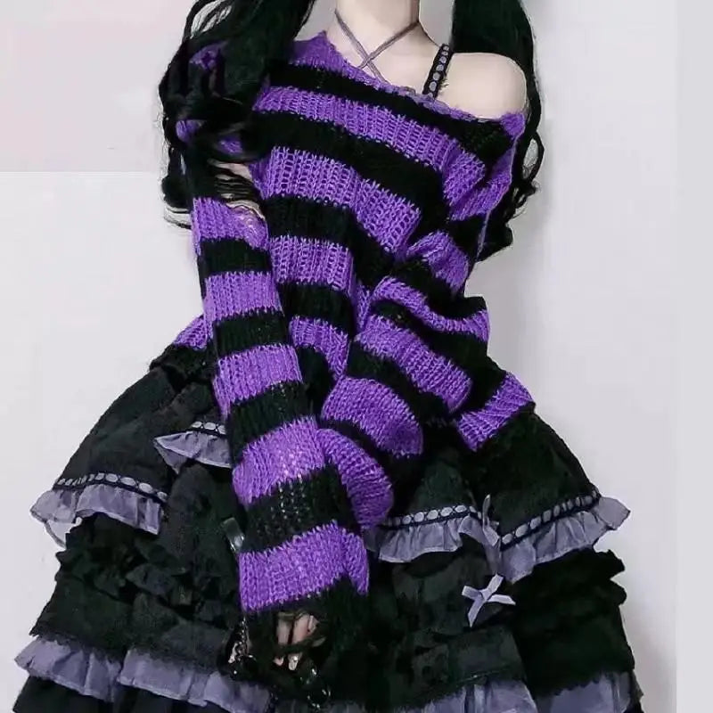 Women's Striped Distressed Knit Pullover Sweater