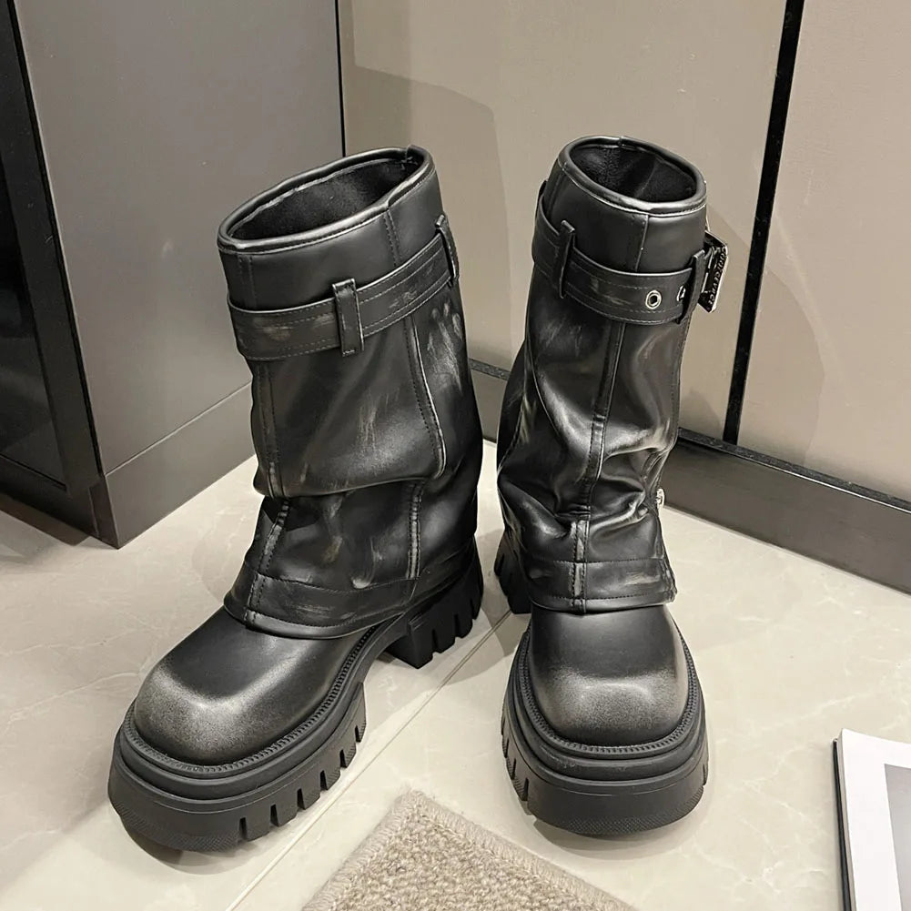 Women's Knee-High Platform Boots with Belt Detail and Square Toe
