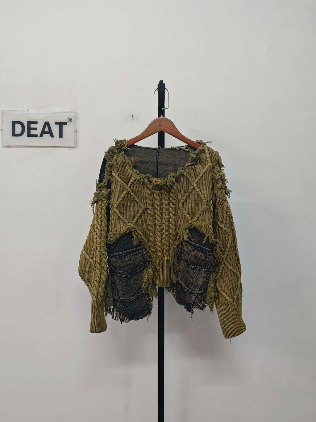 DEAT Green Patchwork Knit Pullover Sweater with Pocket Panels