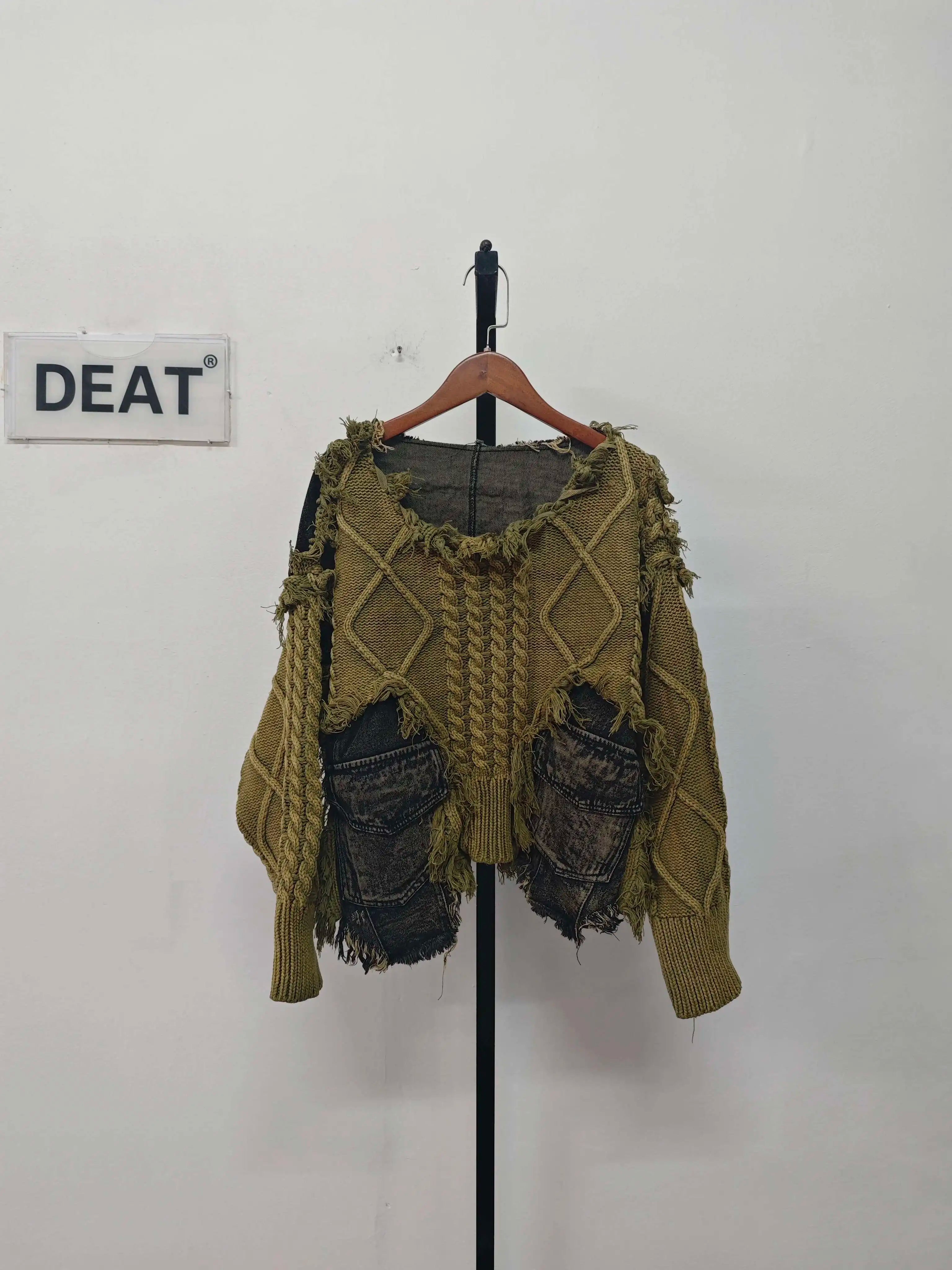 DEAT Green Patchwork Knit Pullover Sweater with Pocket Panels