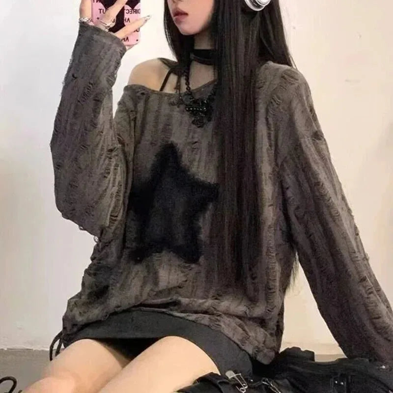 Women's Oversized Star Print Long-Sleeve T-Shirt
