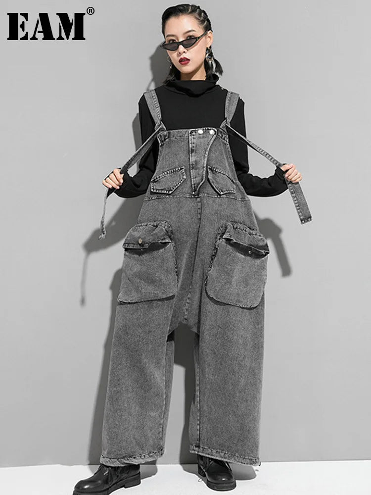 Women's Black Denim Bib Overalls - Loose Wide Leg