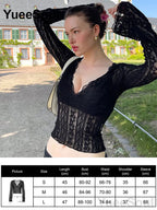 Women's Black Lace-Panel Long-Sleeve Top