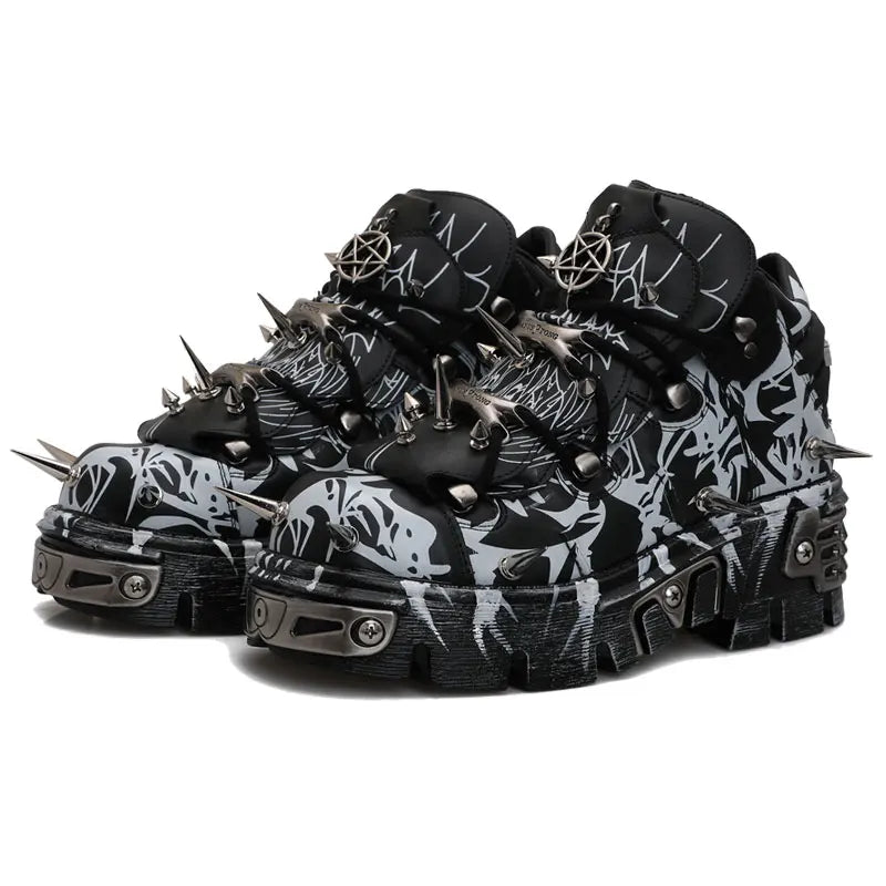 Black Graffiti Rivet Platform Shoes with Spikes