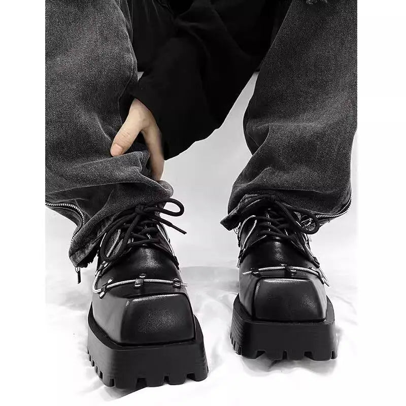 Men's Black Leather Platform Oxfords – Square Toe Lace-Up