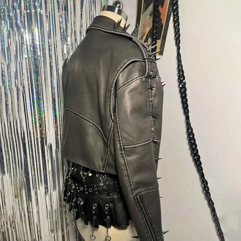 Women's Gray PU Leather Spiked Jacket