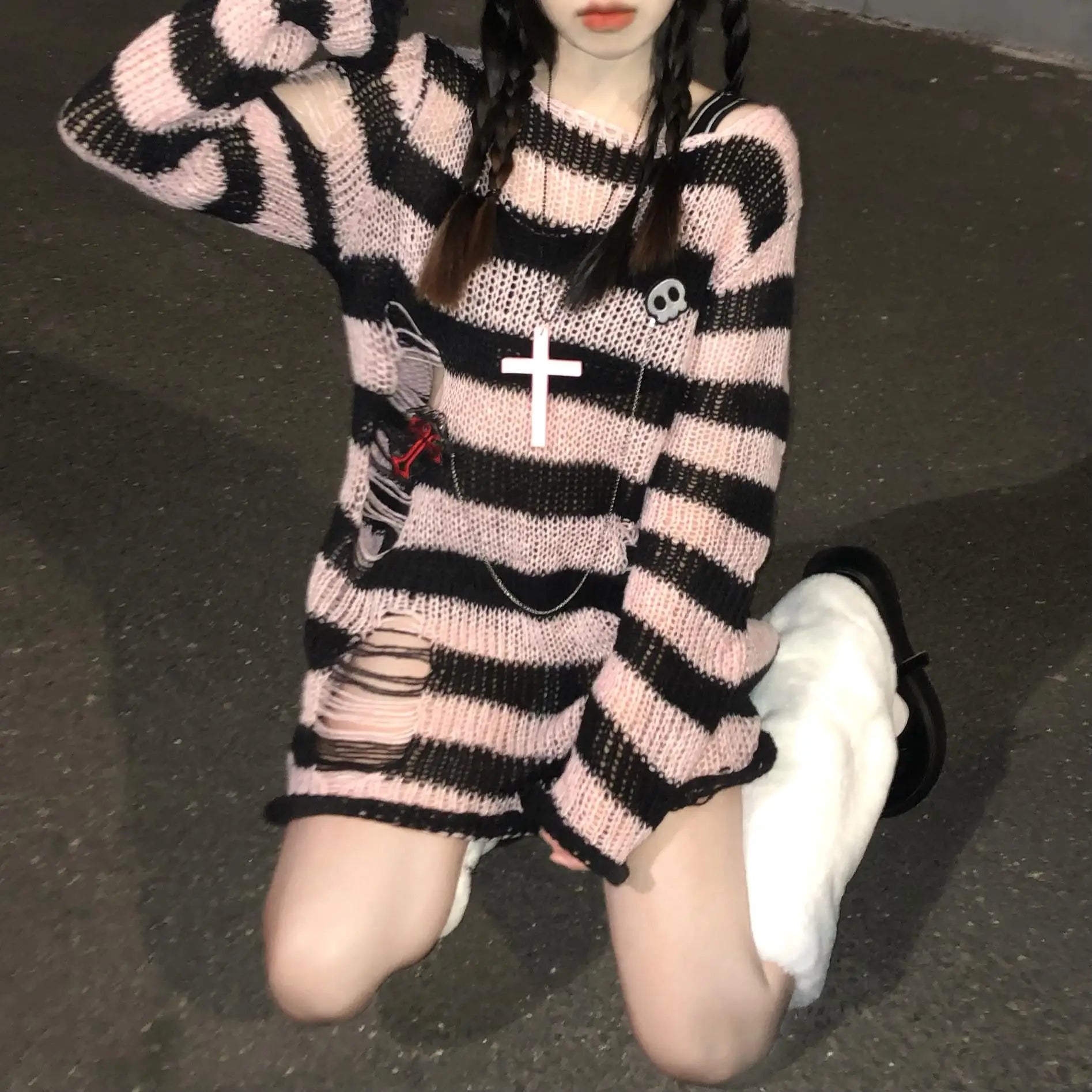 Women's Striped Distressed Knit Pullover Sweater