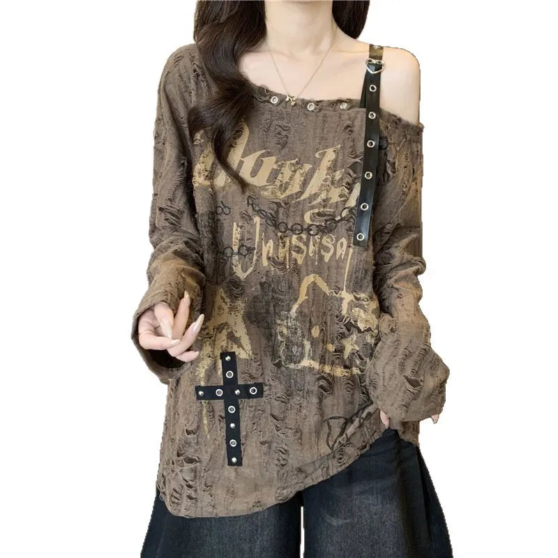 Distressed Off-Shoulder Graphic Long-Sleeve T-Shirt