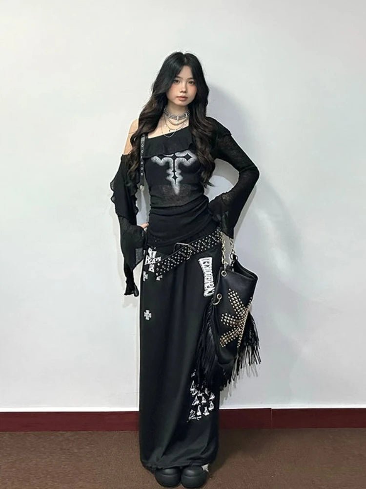 Women's Black Gothic Graphic Off-Shoulder Flare-Sleeve Top