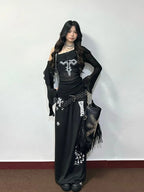 Women's Black Gothic Graphic Off-Shoulder Flare-Sleeve Top
