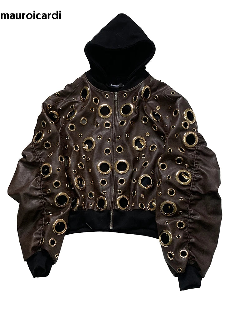 Men’s Oversized Hooded Faux-Leather Eyelet Jacket