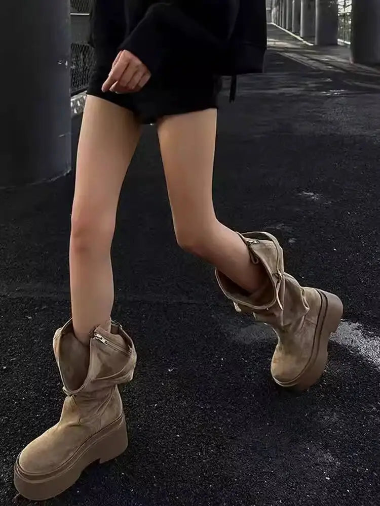 Women’s Brown Slouchy Mid-Calf Boots with Square Toe and Low Heel