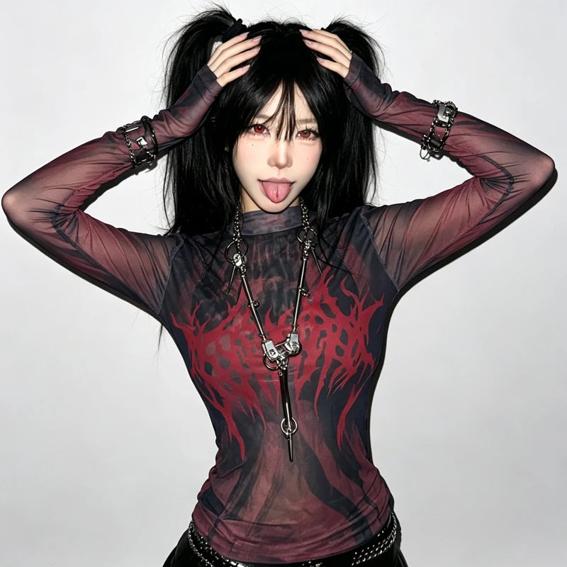 Women's Gothic Sheer Mesh Long-Sleeve Top with Red Graphic Print