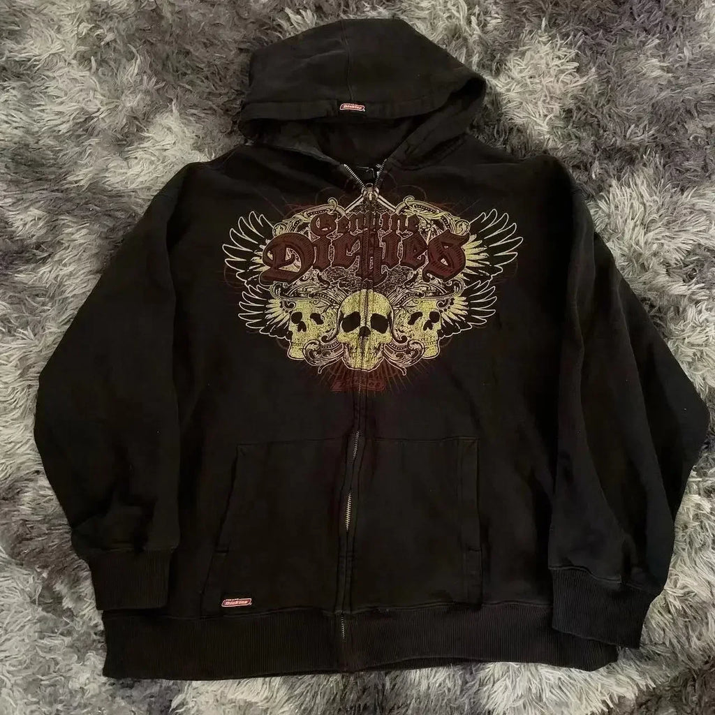 Graphic Zip-Up Hoodie with Hood and Long Sleeves