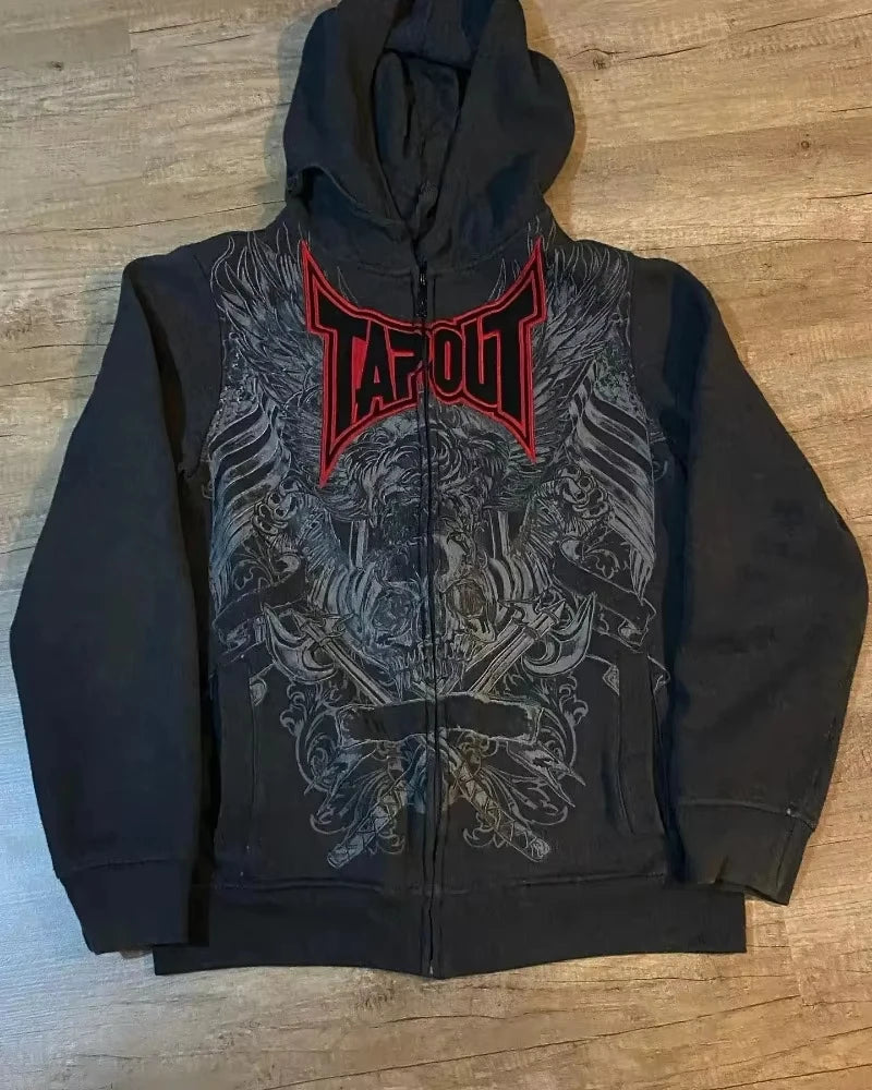 Oversized Graphic Zip-Up Hoodie with Hood