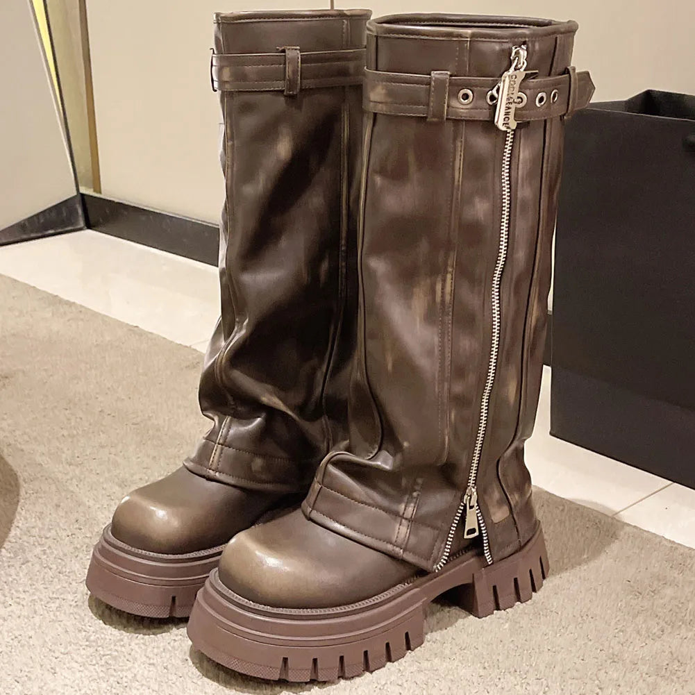 Women's Knee-High Platform Boots with Belt Detail and Square Toe