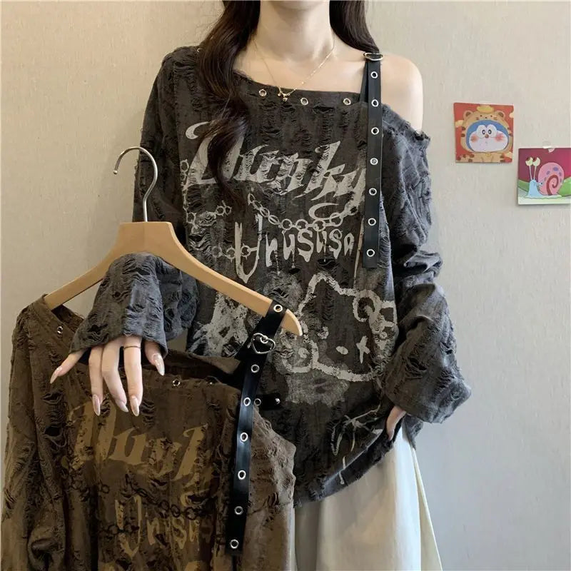 Distressed Off-Shoulder Graphic Long-Sleeve T-Shirt