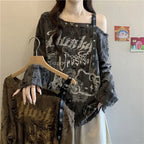 Distressed Off-Shoulder Graphic Long-Sleeve T-Shirt